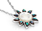 White Mother-of-Pearl & Abalone Shell Rhodium Over Sterling Silver Pendant with 18" Chain, 10mm