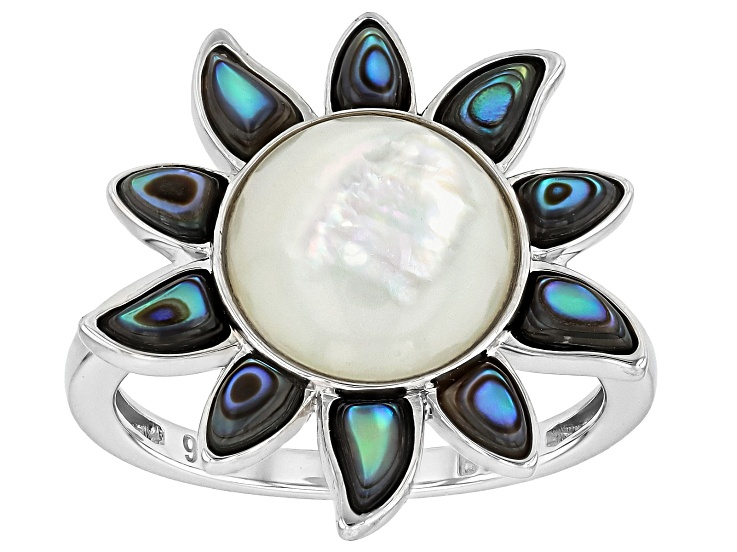 White Mother-of-Pearl & Abalone Shell Rhodium Over Sterling Silver Ring, 10mm