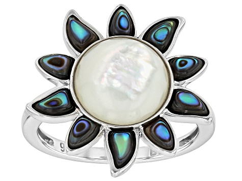 White Mother-of-Pearl & Abalone Shell Rhodium Over Sterling Silver Ring, 10mm