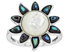White Mother-of-Pearl & Abalone Shell Rhodium Over Sterling Silver Ring, 10mm