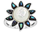 White Mother-of-Pearl & Abalone Shell Rhodium Over Sterling Silver Ring, 10mm