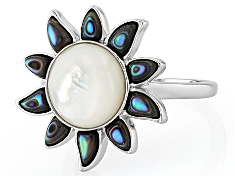 White Mother-of-Pearl & Abalone Shell Rhodium Over Sterling Silver Ring, 10mm