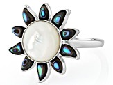 White Mother-of-Pearl & Abalone Shell Rhodium Over Sterling Silver Ring, 10mm