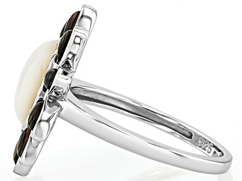 White Mother-of-Pearl & Abalone Shell Rhodium Over Sterling Silver Ring, 10mm