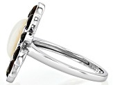 White Mother-of-Pearl & Abalone Shell Rhodium Over Sterling Silver Ring, 10mm
