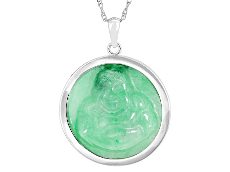 Green Buddha Carved Jadeite Sterling Silver Pendant With 18" Singapore Chain