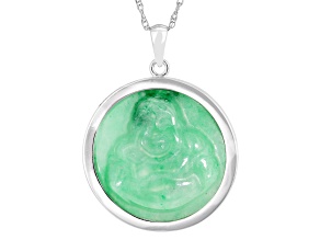 Green Buddha Carved Jadeite Sterling Silver Pendant With 18" Singapore Chain