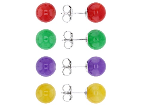 Multi Color Jadeite Rhodium Over Sterling Silver Earrings 10mm