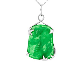 Snake Carved Green Jadeite Rhodium Over Sterling Silver Enhancer Pendant With Chain, 50x39mm