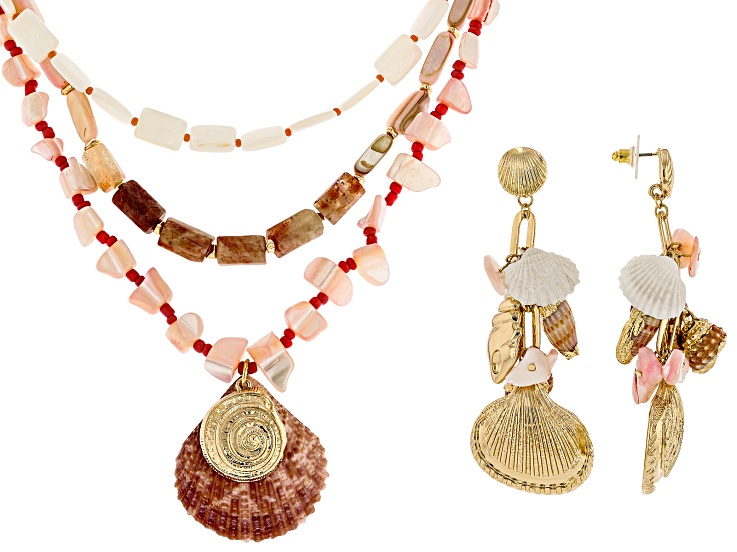 Shell & Acrylic Gold Tone Layered Necklace & Earring Set