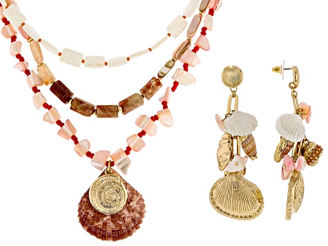 Shell & Acrylic Gold Tone Layered Necklace & Earring Set