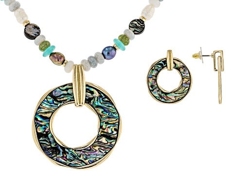 Abalone Shell Simulant & Acrylic Gold Tone Necklace & Earring Set