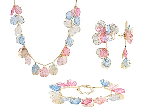 Multi-Color Acrylic Gold Tone Necklace, Bracelet, & Earring Set