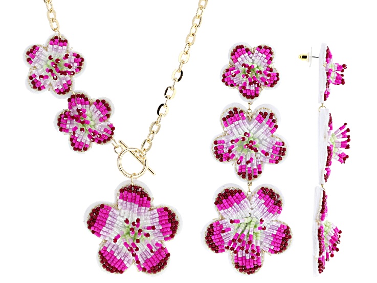 Seed Bead Gold Tone Floral Necklace & Earring Set