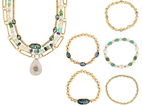 Abalone Shell Simulant, Multi-Color Acrylic, Shell Gold Tone Necklace ...
