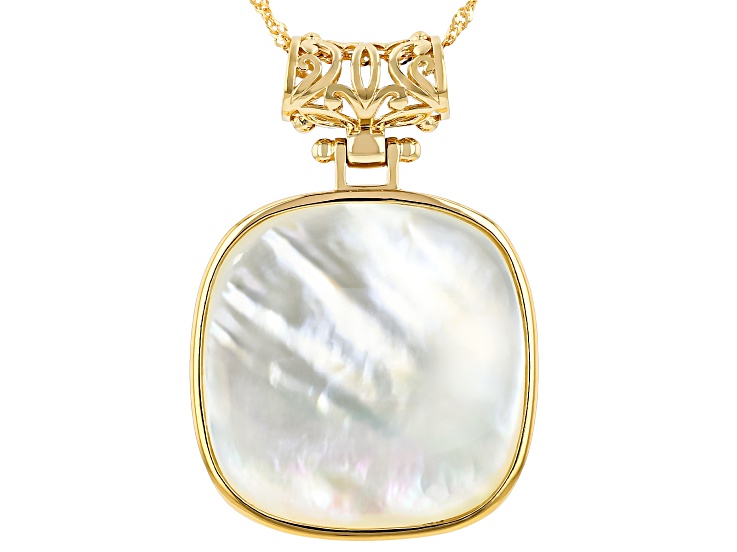 White Mother-of-Pearl 18K Yellow Gold Over Sterling Silver Pendant with Chain, 30x30mm