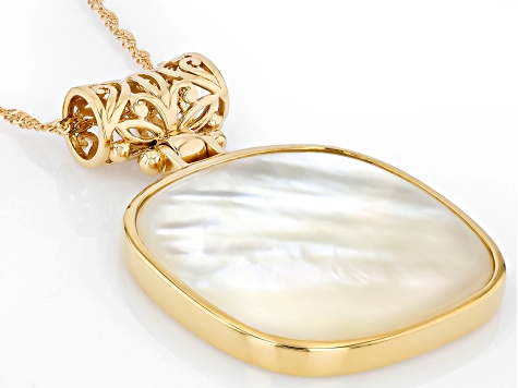 White Mother-of-Pearl 18K Yellow Gold Over Sterling Silver Pendant with Chain, 30x30mm