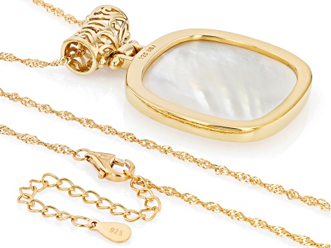 White Mother-of-Pearl 18K Yellow Gold Over Sterling Silver Pendant with Chain, 30x30mm