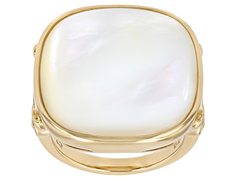 White Mother-of-Pearl 18K Yellow Gold Over Sterling Silver Ring, 20x20mm