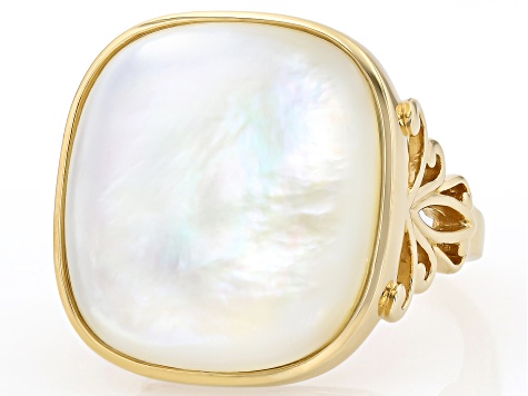 White Mother-of-Pearl 18K Yellow Gold Over Sterling Silver Ring, 20x20mm