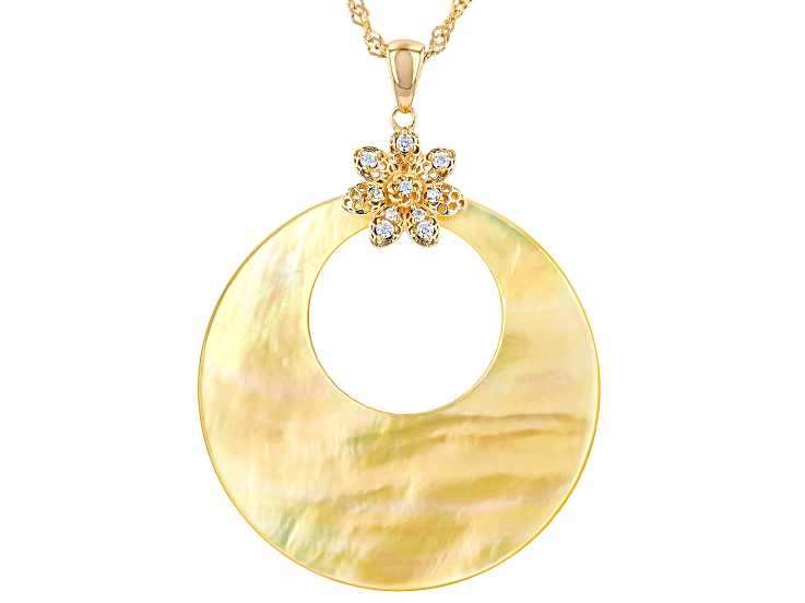 Golden Mother-of-Pearl, White Cubic Zirconia 18K Yellow Gold Over Silver Pendant & Chain,0.19ctw