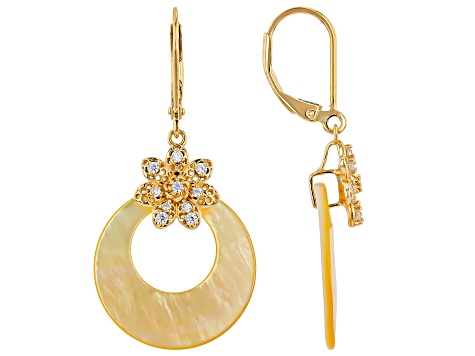 Golden Mother-of-Pearl with White Cubic Zirconia 18K Yellow Gold Over Silver Earrings, 0.39ctw