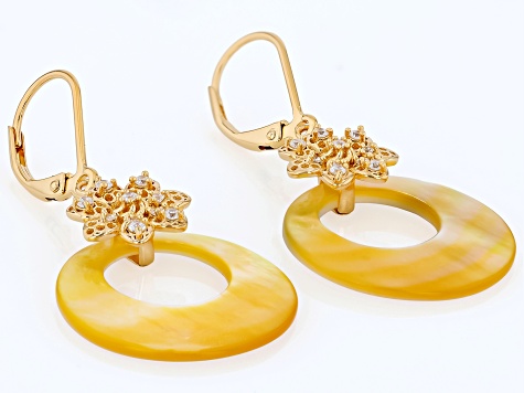 Golden Mother-of-Pearl with White Cubic Zirconia 18K Yellow Gold Over Silver Earrings, 0.39ctw