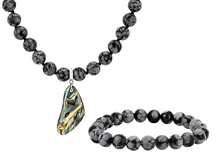 Abalone Shell & 8mm Snowflake Obsidian Sterling Silver Enhancer Necklace & Bracelet Set, 30x15mm
