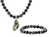 Abalone Shell & 8mm Snowflake Obsidian Sterling Silver Enhancer Necklace & Bracelet Set, 30x15mm