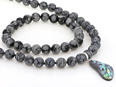Abalone Shell & 8mm Snowflake Obsidian Sterling Silver Enhancer Necklace & Bracelet Set, 30x15mm