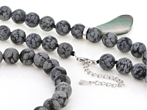 Abalone Shell & 8mm Snowflake Obsidian Sterling Silver Enhancer Necklace & Bracelet Set, 30x15mm