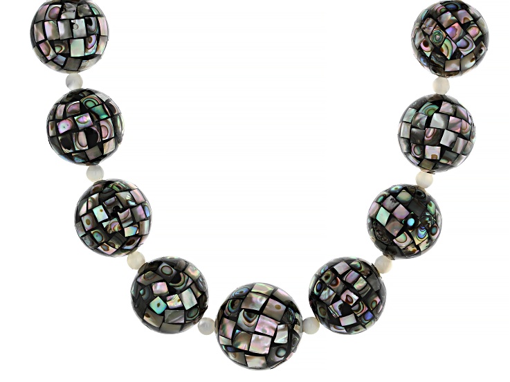 Blended Mosaic Abalone Shell &Yellow Mother-of- Pearl Rhodium Over Silver Beaded Necklace, 18-20mm