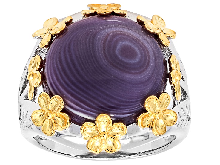 Purple Shell Rhodium Over Sterling Silver & 18K Gold Over Silver Two Tone Floral Ring, 14mm
