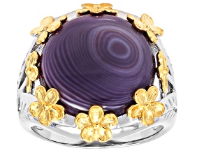 Purple Shell Rhodium Over Sterling Silver & 18K Gold Over Silver Two Tone Floral Ring, 14mm