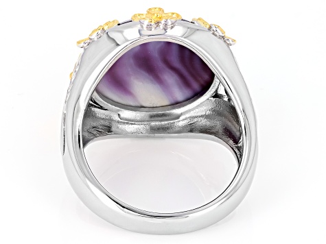 Purple Shell Rhodium Over Sterling Silver & 18K Gold Over Silver Two Tone Floral Ring, 14mm