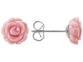 Flower Carved Pink Conch Shell Rhodium Over Sterling Silver Stud Earrings