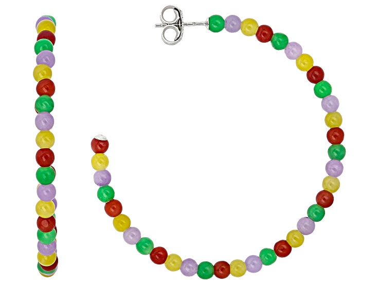 Multi Color Jadeite Rhodium Over Sterling Silver 38mm Hoop Earrings, 4mm