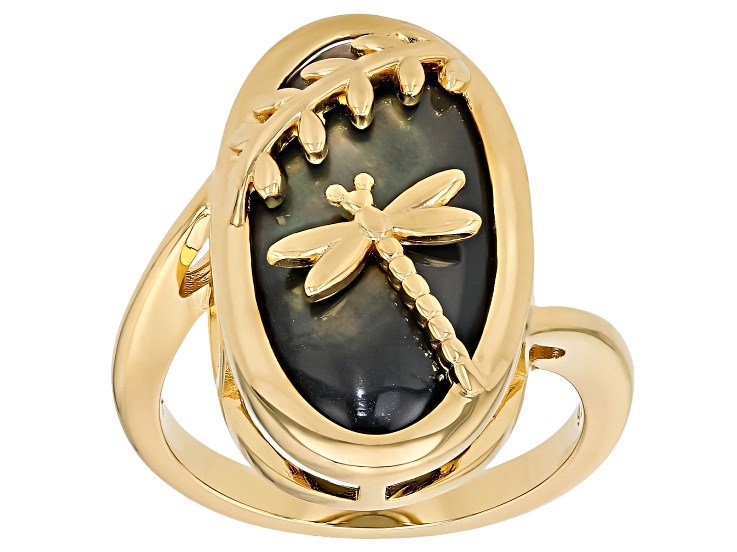 Black Tahitian Mother-Of-Pearl 18K Yellow Gold Over Sterling Silver Dragonfly Ring