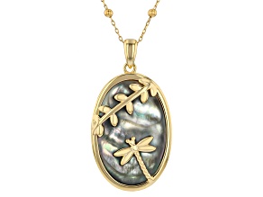 Black Tahitian Mother-Of-Pearl 18K Yellow Gold Over Sterling Silver Dragonfly Pendant with Chain