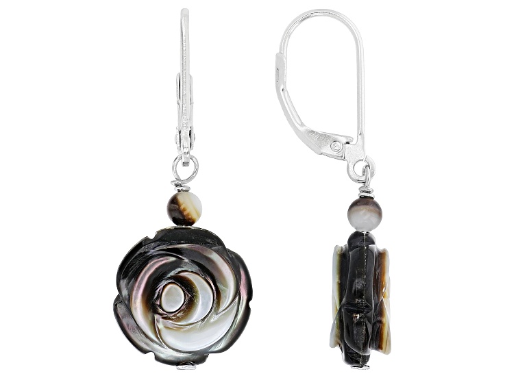 Tahitian Black Mother-of-Pearl Rhodium Over Sterling Silver Flower Earrings