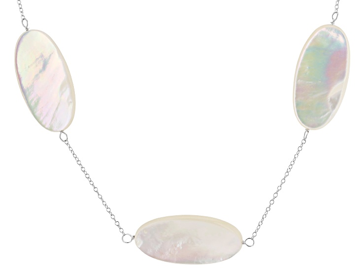 White Mother-of-Pearl Rhodium Over Sterling Silver Specialty Cut Station Necklace