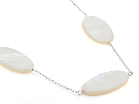 White Mother-of-Pearl Rhodium Over Sterling Silver Specialty Cut Station Necklace