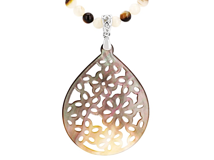 Tahitian Black & White Mother-of-Pearl Rhodium Over Silver Flower Enhancer Pendant With Chain