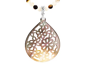 Tahitian Black & White Mother-of-Pearl Rhodium Over Silver Flower Enhancer Pendant With Chain