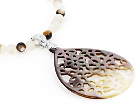 Tahitian Black & White Mother-of-Pearl Rhodium Over Silver Flower Enhancer Pendant With Chain