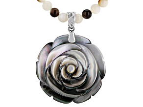 Tahitian Black & White Mother-of-Pearl Rhodium Over Silver Flower Enhancer Pendant W/ Necklace