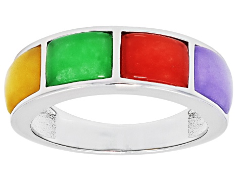 Multi-Color Jadeite Rhodium Over Sterling Silver Band Ring