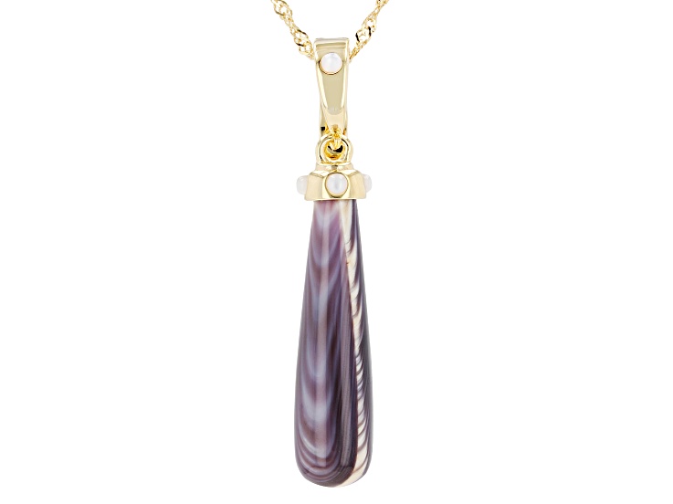 Purple Shell With White Mother-of-Pearl 18K Yellow Gold Over Silver Enhancer Pendant/Chain, 30x8mm