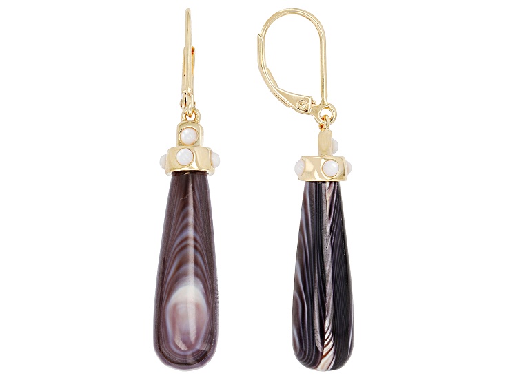 Purple Shell With White Mother-of-Pearl 18K Yellow Gold Over Sterling Silver Drop Earrings, 25x8mm