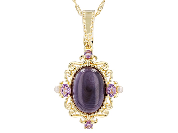 Purple Shell With Cultured Freshwater Pearl 18K Gold Over Silver Enhancer Pendant/Chain 14x10mm